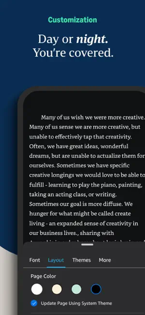 Aa menu Layout tab with four page colors and an Update Page Using System Theme option over white-on-black text