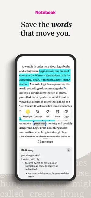 Highlighted passage with a Highlight, Look up, Ask, Note and Copy toolbar above a dictionary entry for perceived