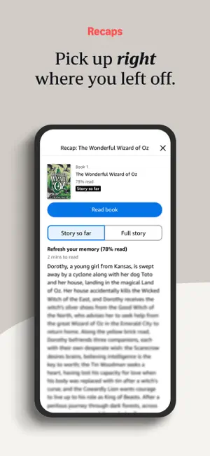 Recap of The Wonderful Wizard of Oz at 78% read, with Story so far and Full story tabs