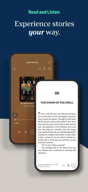 Audible player for Lord of the Flies beside the matching Kindle page, with the spoken word highlighted