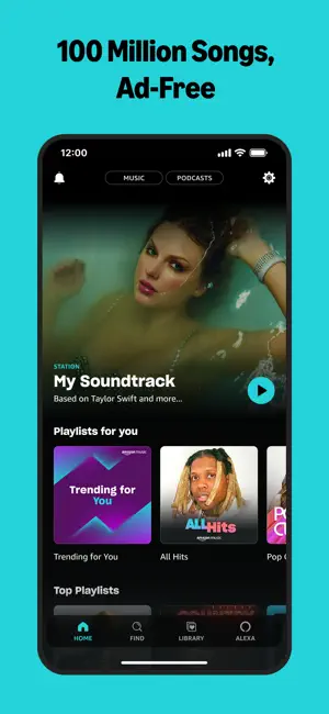 Amazon Music home screen with Music and Podcasts tabs, a My Soundtrack station based on Taylor Swift and a Playlists for you row