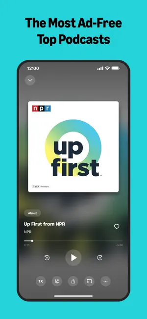 Podcast player showing Up First from NPR with playback speed, sleep timer, share and cast buttons