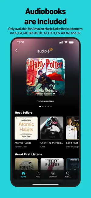 Audible audiobook page with Harry Potter trending and a Best Sellers row, noting audiobooks are for Unlimited customers in 13 countries