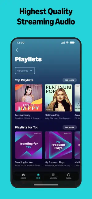 Find tab Playlists page with an All Genres filter, Top Playlists such as Feeling Happy and Platinum Pop, and Playlists for You