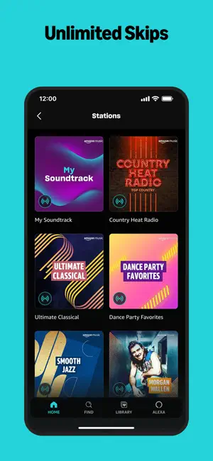 Stations grid with My Soundtrack, Country Heat Radio, Ultimate Classical, Dance Party Favorites and Smooth Jazz