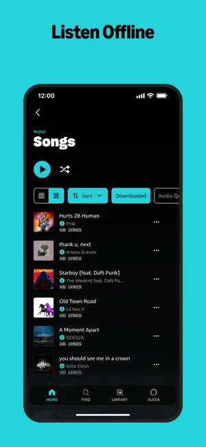 Library Songs list filtered to Downloaded, with HD and Lyrics badges under each track