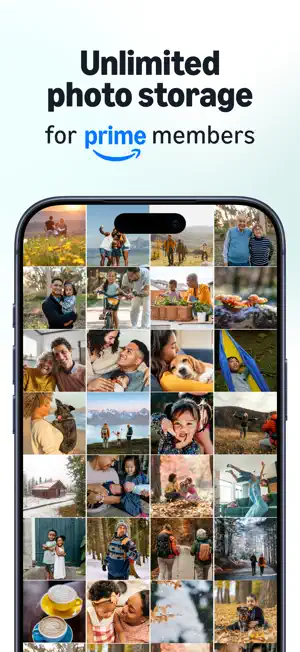 Grid of family, travel and pet photos under the headline Unlimited photo storage for Prime members