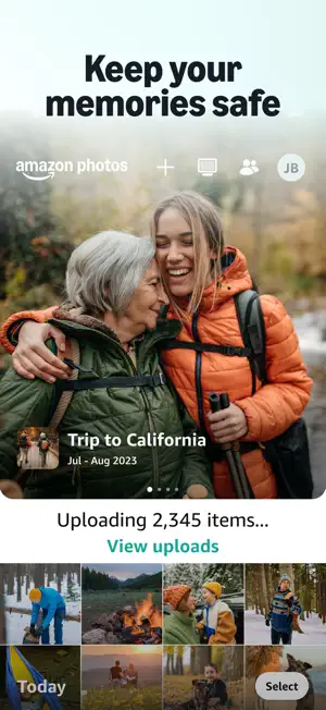 Amazon Photos home screen with a Trip to California Jul–Aug 2023 memory, an Uploading 2,345 items banner and a View uploads link