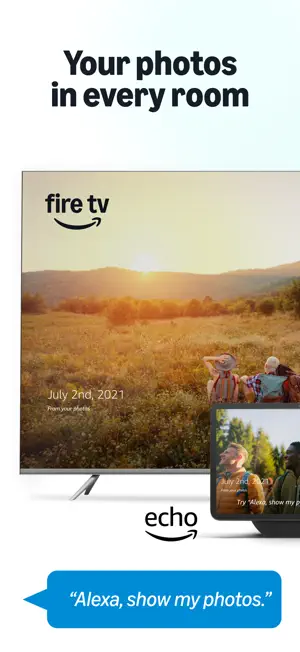 Fire TV screensaver photo dated July 2nd, 2021 beside an Echo Show and the voice prompt Alexa, show my photos