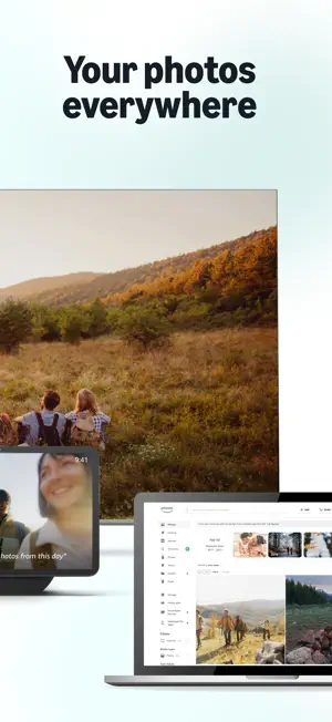 The same photos on a TV, an Echo Show and the web app, whose sidebar lists People, Places, Family plan and Personalize Devices