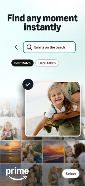 Search for Emma on the beach with Best Match and Date Taken sorting and a matching beach photo selected