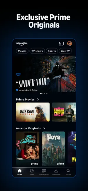 Home screen with Prime Originals rows and included titles marked