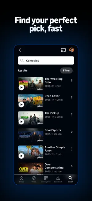 Search results listing films with release years and runtimes