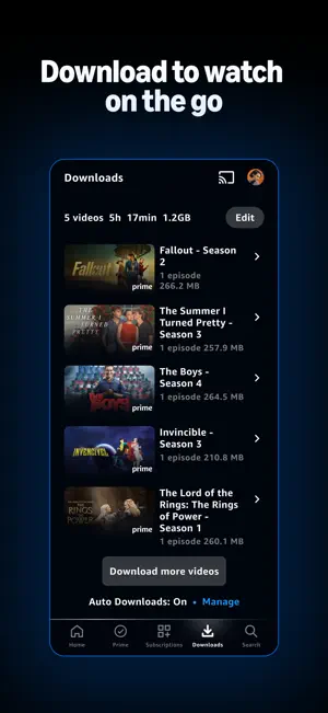 Downloads tab showing five videos using 1.2 GB with per-episode sizes