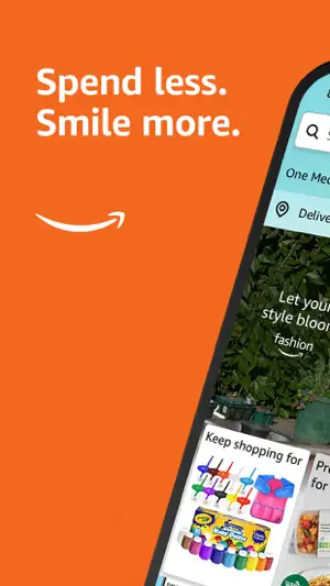 Brand card with the Amazon logo and a shopping screen behind it