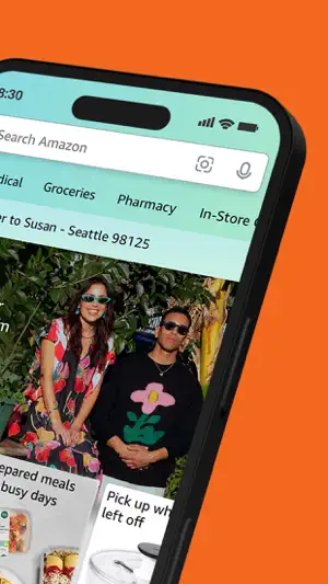 Home screen with search, category chips and delivery address