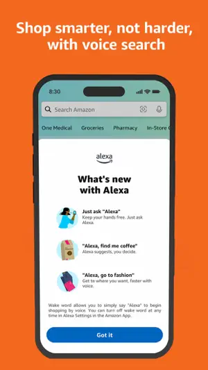 Alexa introduction screen explaining voice shopping