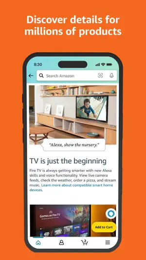 Product page for a Fire TV with details and an add to cart button