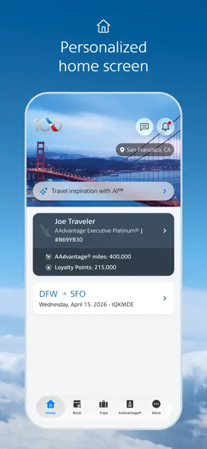 Personalized home screen for a sample Executive Platinum member with 400,000 miles, 215,000 Loyalty Points, a DFW to SFO trip and a Travel inspiration with AI banner