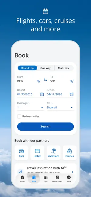 Book tab with a round-trip DFW to SFO search, a Redeem miles checkbox and partner links for cars, hotels, vacations and cruises