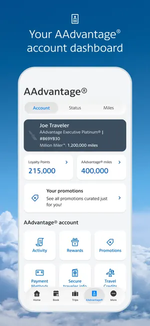 AAdvantage dashboard with Loyalty Points, miles, a Million Miler count and shortcuts to Activity, Rewards, Promotions, Payment Methods, Secure traveler info and Travel Credits