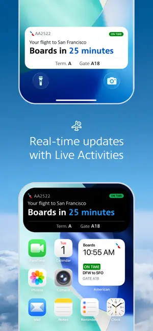 Live Activity on an iPhone Lock Screen and a home-screen widget showing flight AA2522 to San Francisco boarding in 25 minutes from Terminal A, Gate A18