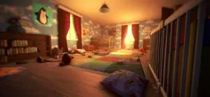 A sunlit nursery with a wooden crib, a toy chest and a plush penguin picture on the wall