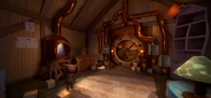 Attic room with copper pipes and a large clock face, the toddler standing beside a chest