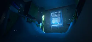 A dark nursery flooded with blue light, a window glowing above the crib
