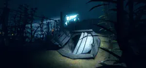 Night in a dead forest with a wooden shelter lit from inside