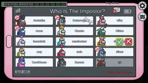 Voting screen asking who is the impostor, with crewmate names and vote marks