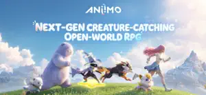 Aniimo key art: the player character and a group of Aniimo on a sunny meadow