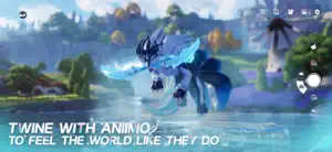 Twine in action: the player merged with a blue wolf-like Aniimo beside a lake