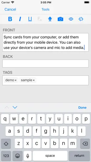 Card editor with front, back and tag fields open