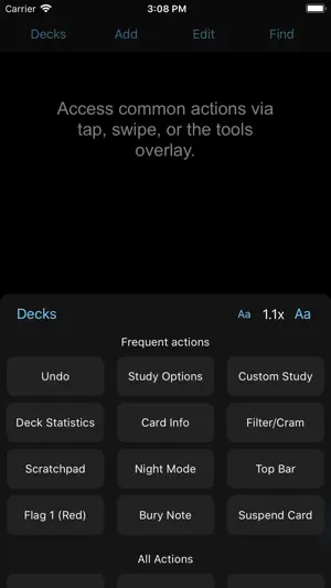 Tools overlay listing undo, custom study and deck statistics