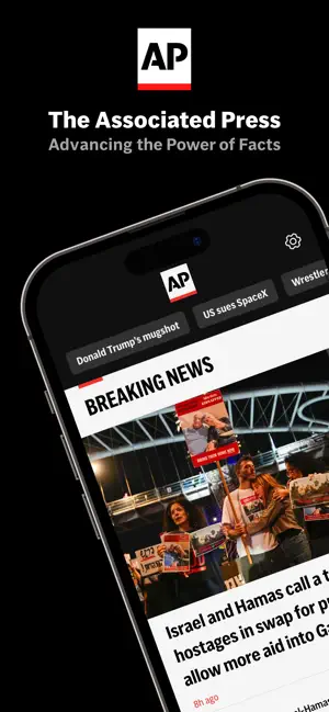 AP logo above a phone showing the AP News home feed with topic chips and a Breaking News lead story