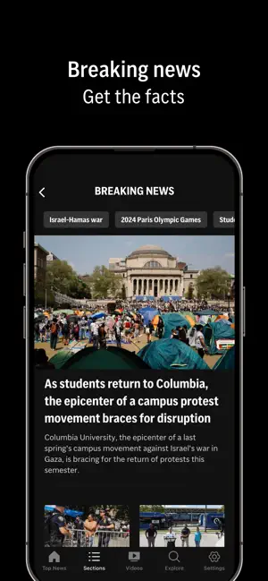 AP News Breaking News hub with topic chips, a photo-led story and Top News, Sections, Videos, Explore and Settings tabs