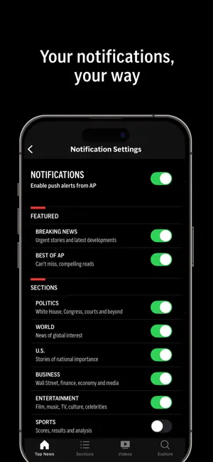 AP News Notification Settings with a master push toggle, Breaking News and Best of AP, and per-section switches