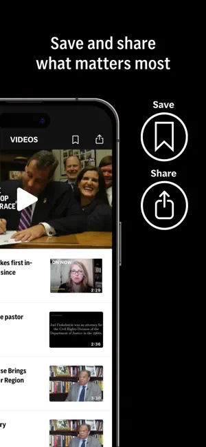 AP News Videos list with a playing clip, running times on each thumbnail and bookmark and share buttons