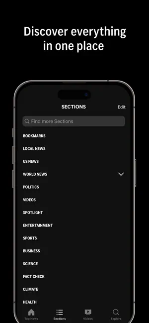 AP News Sections menu listing Bookmarks, Local News, US News, Fact Check, Climate and Health under a search bar