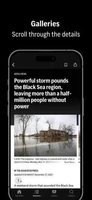 AP News World News article with a swipeable photo gallery marked 1 of 8 and an updated timestamp