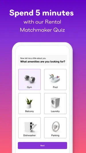 Rental Matchmaker Quiz screen asking which amenities you want, with Gym, Pool, Balcony, Laundry, Dishwasher and Parking tiles and a Next button