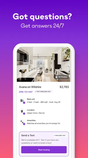 Avana on Wilshire listing at $2,783 for a two-bed, two-bath 800 sq ft unit, with location and amenity checkmarks and a Send a Text box marked available 24/7