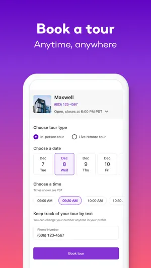 Tour booking for Maxwell with In-person and Live remote tour options, a December date picker, a 9:30 AM slot and a phone number field for text updates