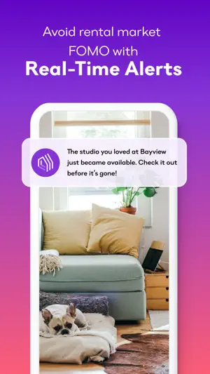 Push alert saying a studio you loved at Bayview just became available, over a living room photo with a dog resting on a bed
