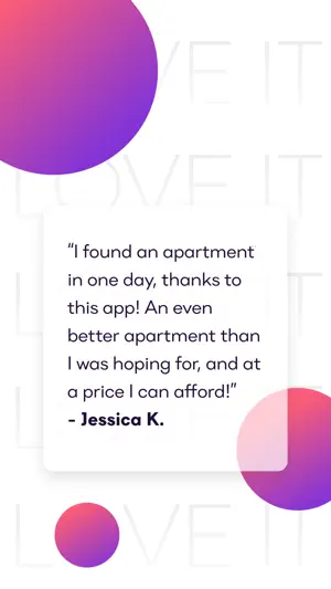 Promotional card with a renter quote from Jessica K. about finding an apartment in one day at a price she could afford