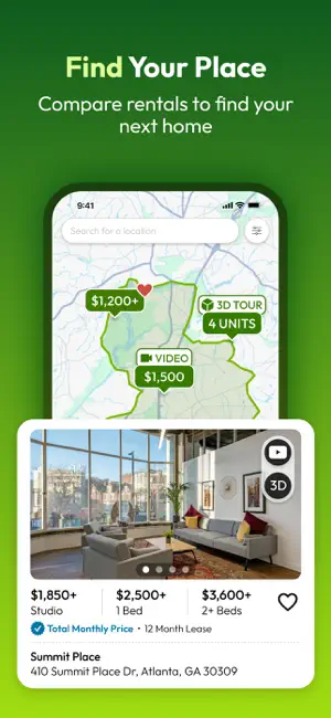 Atlanta map search with a drawn boundary and price pins above a Summit Place listing priced from $1,850 for a studio, with a Total Monthly Price badge
