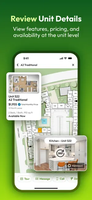 Property site map highlighting Unit 522, a two-bed A2 Traditional plan at $1,955, with a Matterport 360-degree view of its kitchen