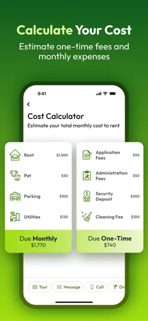 Cost Calculator showing $1,770 due monthly and $740 due one-time, including a $500 security deposit and $90 in application fees