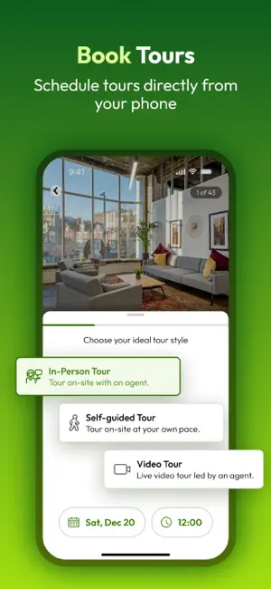 Tour booking screen offering in-person, self-guided and live video tours with a date and time picker